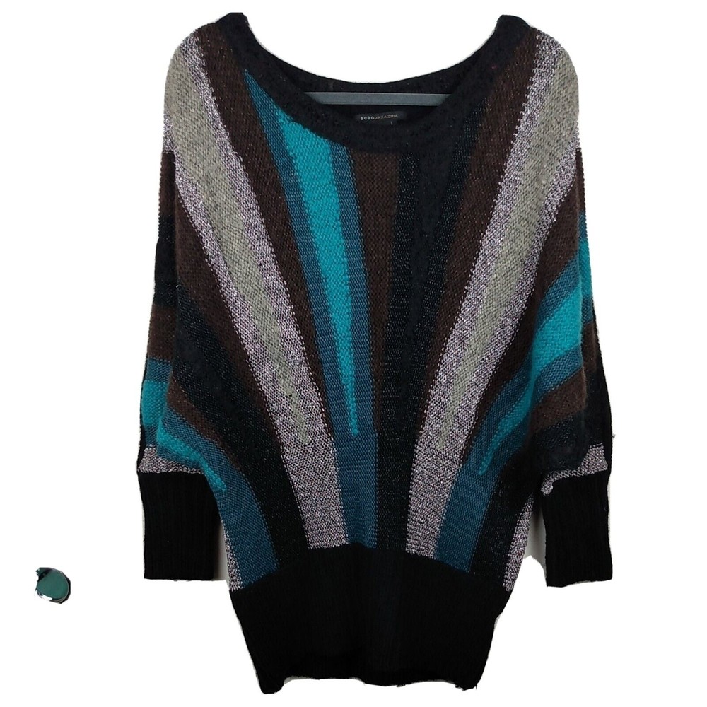 BCBG Maxazria Sweater Size Large Striped Solid Long Bat Sleeve Sweater